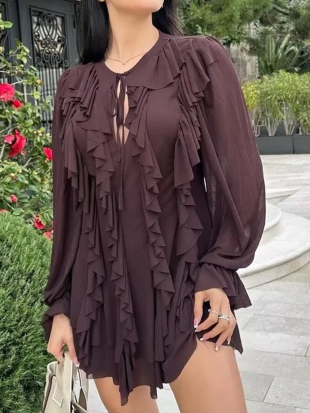 Zara Ruffled Cascading Chocolate Brown Semi Sheer Billowy Boho Mini Dress Medium - Picture 2 of 13